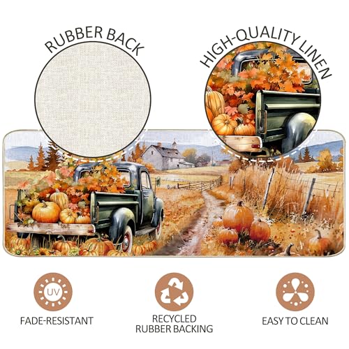 Fall Kitchen Rugs Set - Harvest Pumpkin Pickup Truck & Scarecrow Non Slip Burlap Mats - 3 Sizes