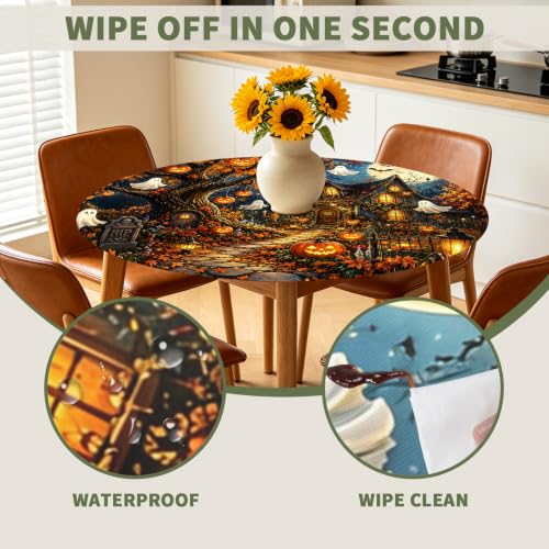 Halloween Pumpkin Round Fitted Tablecloth with Elastic 40-44 Inch - Black