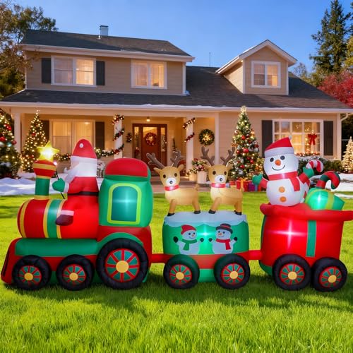 11 FT Christmas Inflatable Train with Santa Reindeer Snowman Outdoor Decorations