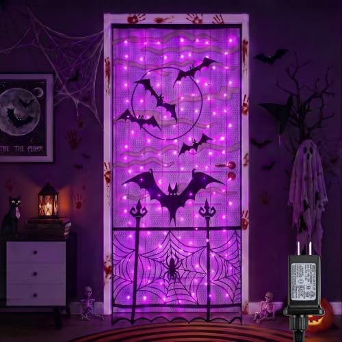 Halloween Door Cover Lights - Purple Bat Design, 6.5x3.2ft with 140 LEDs & 8 Lighting Modes