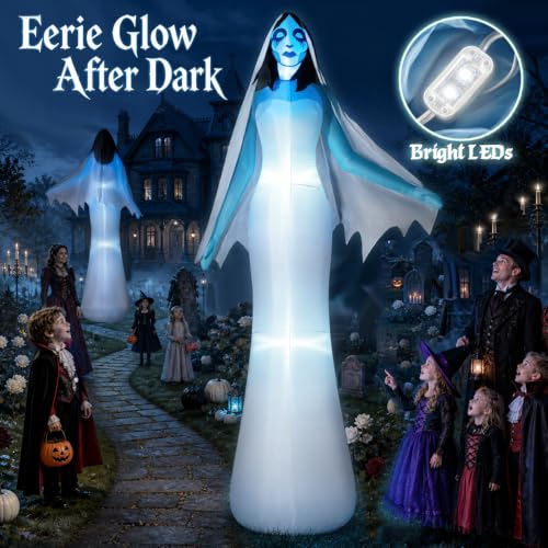 12FT Giant Halloween Inflatable Ghost Bride with Blue LED Lights Outdoor Decor