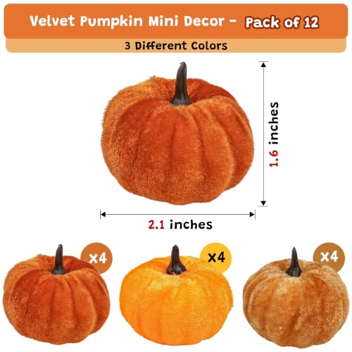 Artificial Velvet Mini Pumpkin Decor Set - Fall Autumn Home Decorations, 12 Pieces