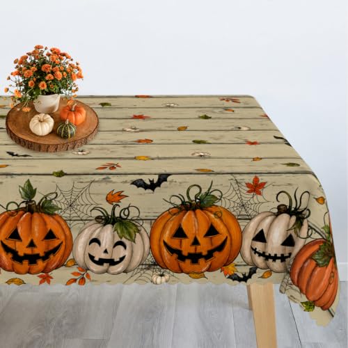 Halloween Waterproof Pumpkin Face Tablecloth - 84x60 Inches, Fall & Halloween Decor