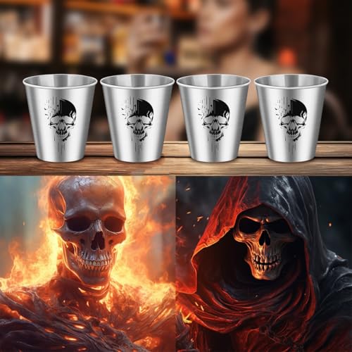 Silver Stainless Steel Shot Glasses with Skull Design - Set of 4, 70 ml, Gift Box, Gothic Party Drinkware