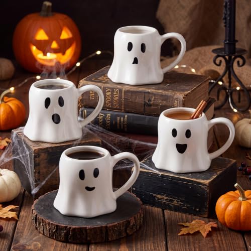 White Ghost Coffee Mug Set - 4 Pieces Halloween Ceramic Cups 11 oz - Ghost Face Design