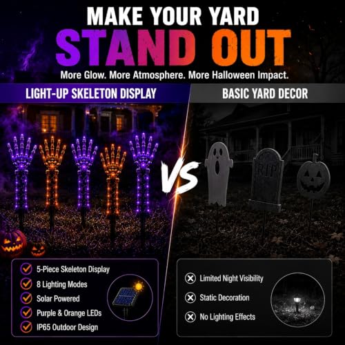 Solar Powered Halloween Skeleton Hand Pathway Lights - Purple & Orange 5 Pack Outdoor Yard Decor