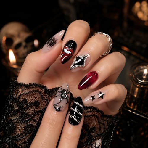 Gothic Halloween Press-On Nails with Spider Flame Chain Design - Black Red Variation