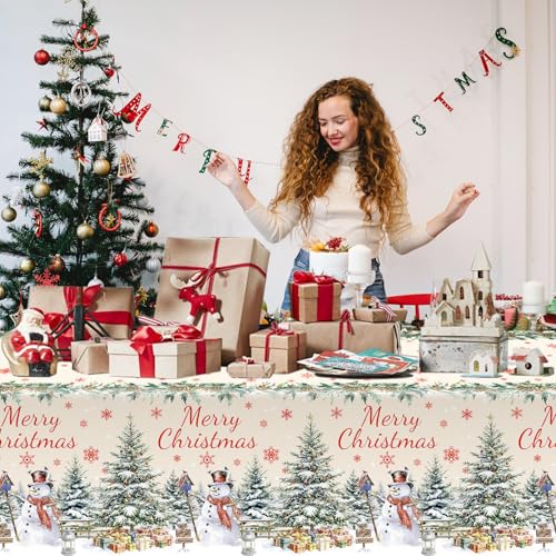 3 Pack Christmas Snowman Snowflake Plastic Tablecloths 54x108in Holiday Party Decor