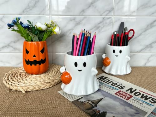 Halloween Ceramic Coffee Spoon & Utensil Holder Ghost with Pumpkin
