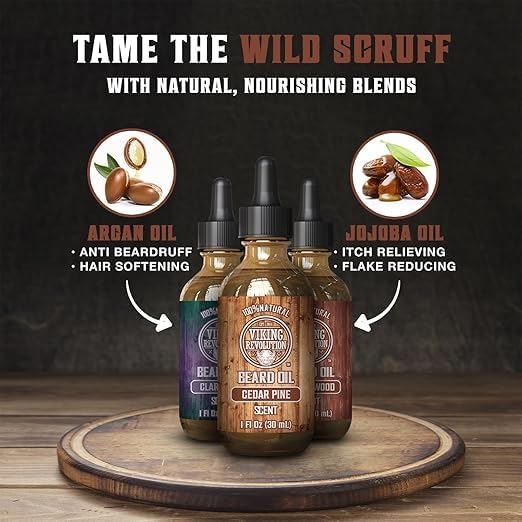 Viking Revolution Beard Oil for Men 3 Pack - Natural Mens Beard Oil Variety Set - Sandalwood, Pine and Cedar, Clary Sage Scents - Beard Conditioning and Moisturizing for a Healthy Beard (3 Pack, 1oz)