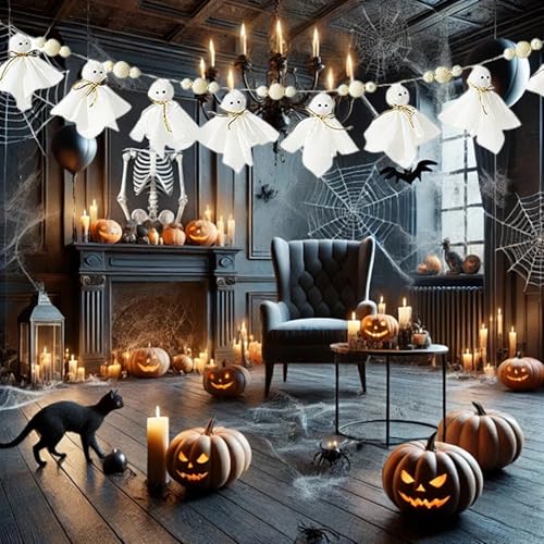 7Ft Halloween Ghost Garland with Wooden Beads - Rustic White Wall Decor