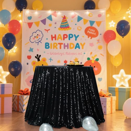 Black Sequin Round Tablecloth 72 Inch for Wedding & Party Decor - SquarePie