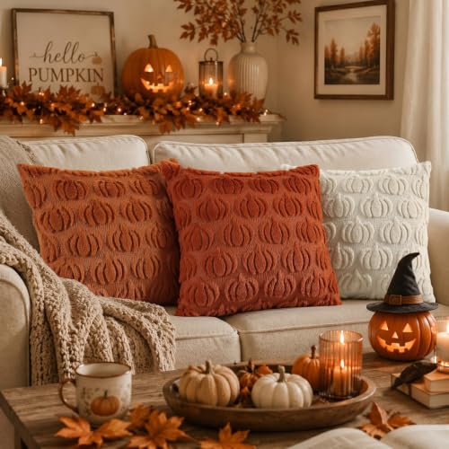 Fall Pumpkin Throw Pillow Covers Set of 2 - Light Rust 18x18 Inches - Farmhouse Decor
