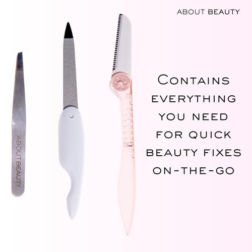 About Beauty Folding Purse Pack - 3 Beauty Groomers and Stowaway Pouch, Includes Folding Facial Razor, Square Tip Tweezers and Folding Nail File, Made with Japanese Steel