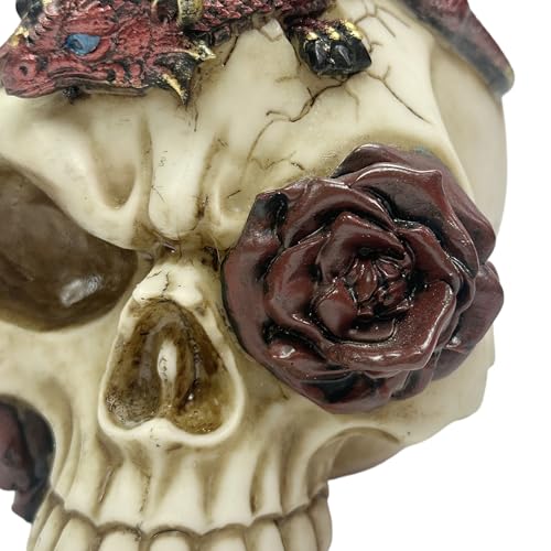 Gothic Red Dragon Skull Figurine with Roses - Fantasy Mythical Decor Statue