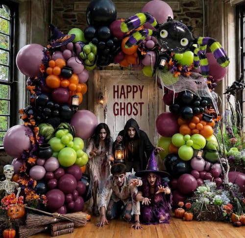 Halloween Balloon Garland Arch Kit with Foil Spider - Black Purple Orange Green Variation