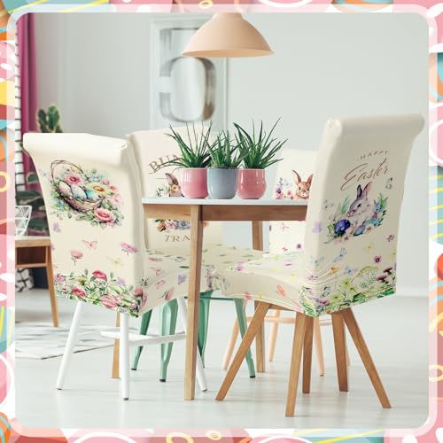 Easter Chair Covers Bunny Print Set - 6 Removable Seat Covers for Spring Holiday Decor