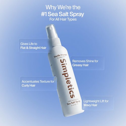 Simpletics Himalayan Sea Salt Hair Spray - Vanilla Scented, Natural 5-Ingredient Formula for Beach Waves & Volume | Light Hold, Non-Greasy, Paraben & Sulfate Free - 8 fl oz