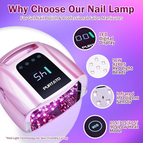 Rechargeable UV LED Nail Lamp 96W Portable Cordless with Timer & Sensor - Pink