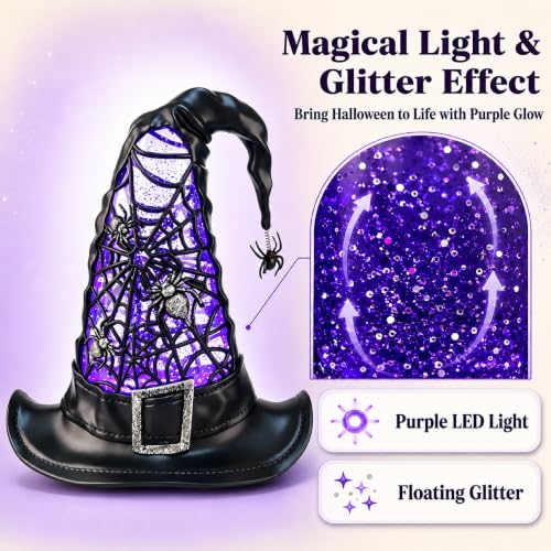Halloween Snow Globe Lighted Witch Hat Decor - Purple LED Glitter Water Globe - Witch Hat Variation