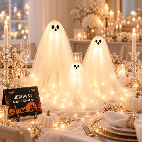 Halloween Ghost Decorations Indoor 3 Pack with Warm White Lights - Witch Hat Lamp & Candlesticks