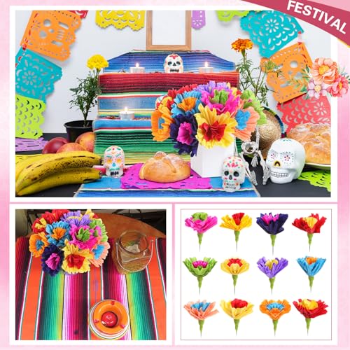 Bright Mexican Crepe Paper Flowers Set - 36 Colorful Tissue Flowers with Stems