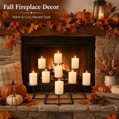9 Pcs Pillar Fireplace Candle Holders Set - Multi-Level Iron Mantle Decor