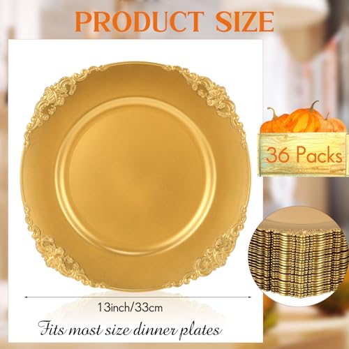 36 Pack 13 Inch Gold Embossed Round Charger Plates - Elegant Plastic Dinnerware