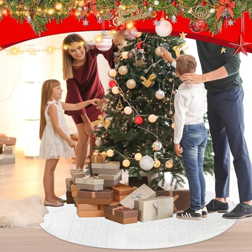 72 Inch Faux Fur Christmas Tree Skirt with Cross Diamond Pattern - White Holiday Decor