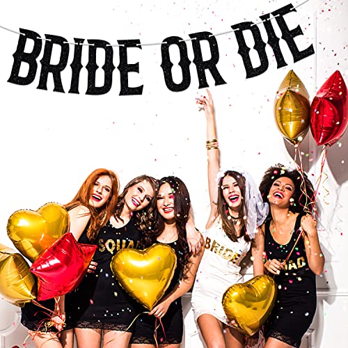 Halloween Bride or Die Banner - Spooky Wedding & Bridal Shower Decorations, Black Glitter