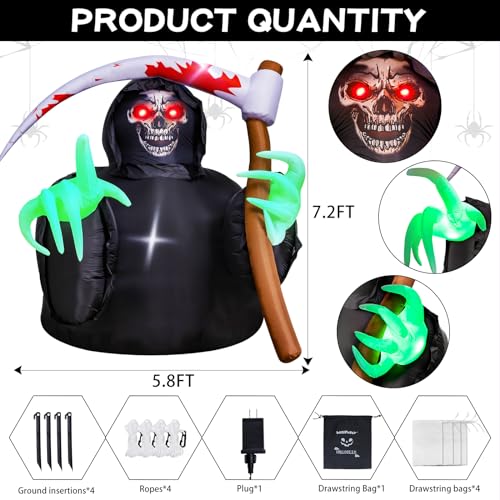 Halloween Inflatable Grim Reaper Outdoor Decor with Built-in LEDs - 7.2FT