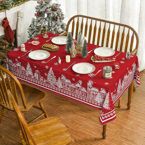 Christmas Tablecloth 60 x 104 Inch Rectangular Red Snow House Holiday Decor