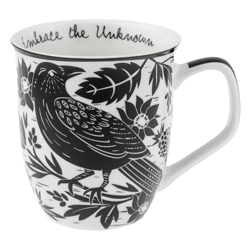 14 oz Black and White Boho Mug Raven - Unique Ceramic Coffee & Tea Cup - Gift for Women & Men