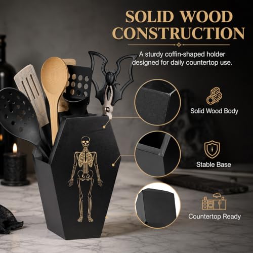 Gothic Coffin Utensil Holder - Black Wooden Halloween Kitchen Organizer