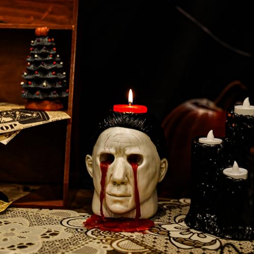 Halloween Candle Holder with Bleeding Eyes Horror Decor - Resin Statue, White