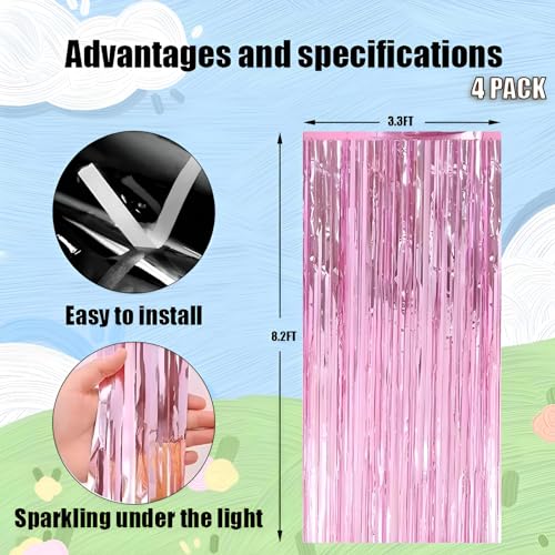 Pink Foil Fringe Curtain 4 Pack - 3.3x8.3 ft Metallic Tinsel Backdrop for Party Decorations