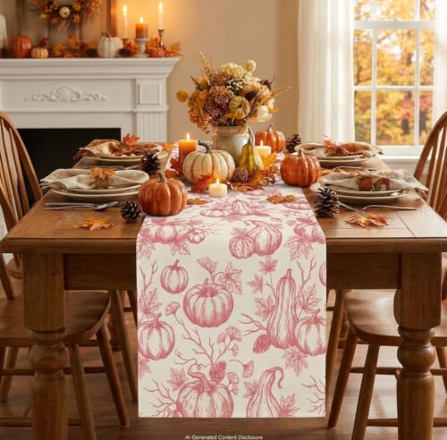 Fall Pumpkin Table Runner Pink 13x72 Inch Thanksgiving Decor