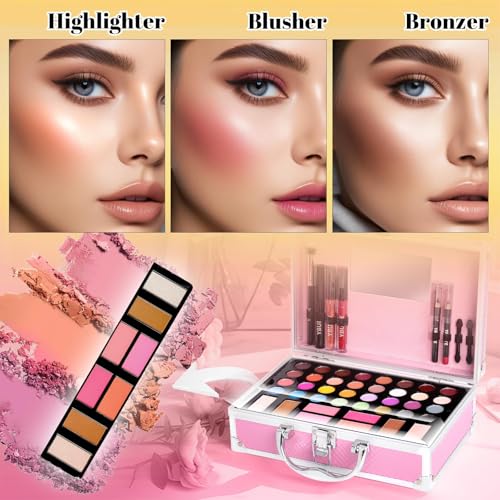 Pink Beginner Makeup Kit for Teens & Women with 32 Eyeshadows & Cosmetics Case - Includes Lip Gloss, Mascara, Brushes, Mirror