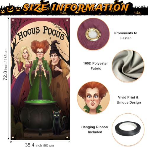 Halloween Door Cover Hocus Pocus Decorations Witch Sisters Black Cat Banner