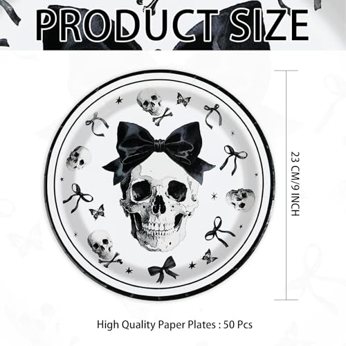 50 Pack 9-Inch Skeleton Paper Plates for Halloween Gothic Party Supplies