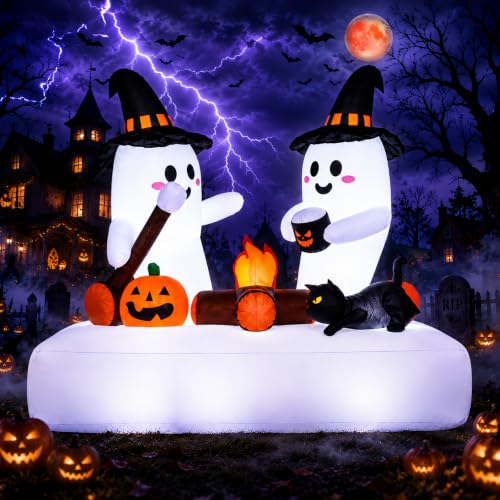 Inflatable Ghost Bonfire Halloween Yard Decorations - 5.5FT Twin Ghosts with LED Lights, Stakes & Hooks