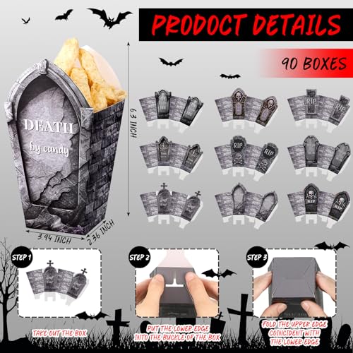 Halloween Tombstone Popcorn Boxes - 90 Pcs, 9 Styles, Spooky Party Decor