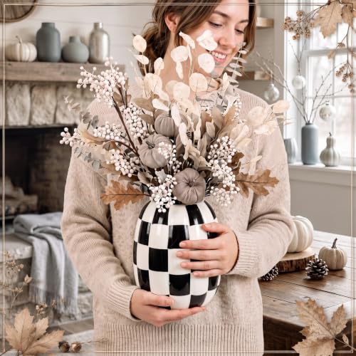 Black and White Checkered Ceramic Pumpkin Vase - 6.7 Inch Fall Decor