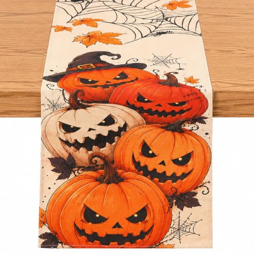 Halloween Table Runner - Orange Pumpkin Spider Web Design, 13 x 72 Inches - Fall & Party Decor