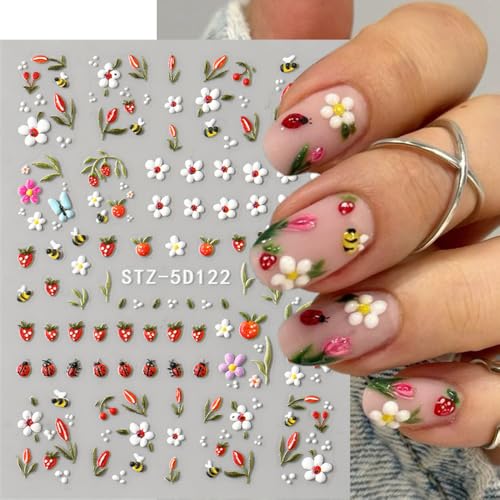 Nail Stickers for Nail Art, 5D Embossed Floral Ladybug Design - 3 Sheets
