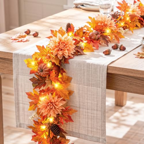 Burnt Orange Fall Garland with Lights - 6ft Autumn Decor with Fruits & Dahlia