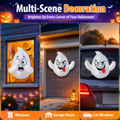 Halloween Inflatable Window Ghosts - 3.5 Ft Flying Ghost Decorations with LEDs & Suction Cups - White Ghost Variation