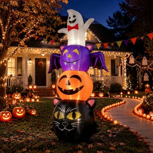 6 Ft Halloween Inflatable Ghost Bat Pumpkin and Cat Yard Decor with LED Lights