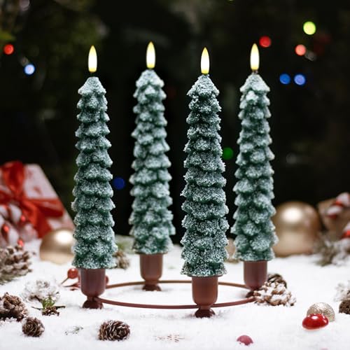 Snow Covered Flameless Christmas Tree Candles Set - 4 Pack, Remote Control, 9.65 Inch