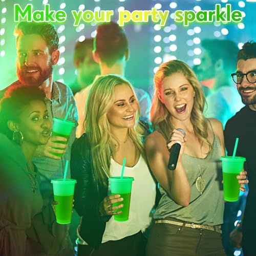 Glow in the Dark Halloween Cups - 24 oz Fluorescent Green, 30 Pack with Lids & Straws